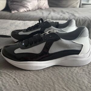 Prada Black and White Low-Top Patent-Trim Sneakers